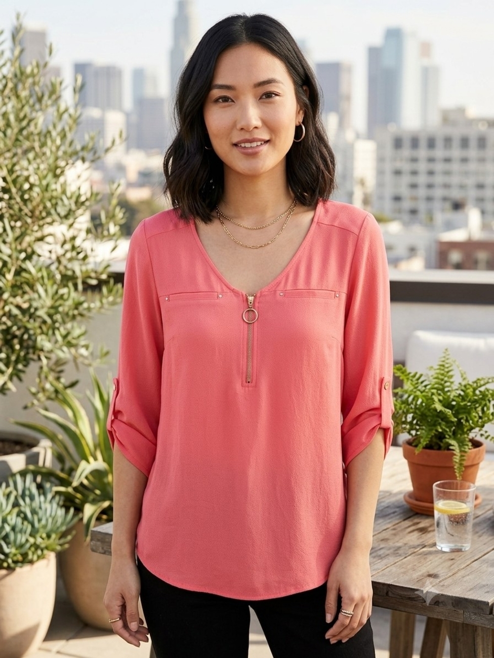 Janet Chung Coral Pink Quarter Zip Roll Tab Sleeve Blouse Small